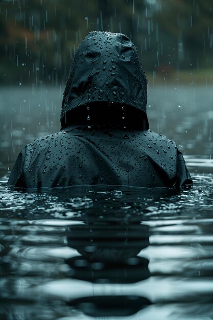 un hombre en un impermeable en el agua con gotas de lluvia en su chaqueta