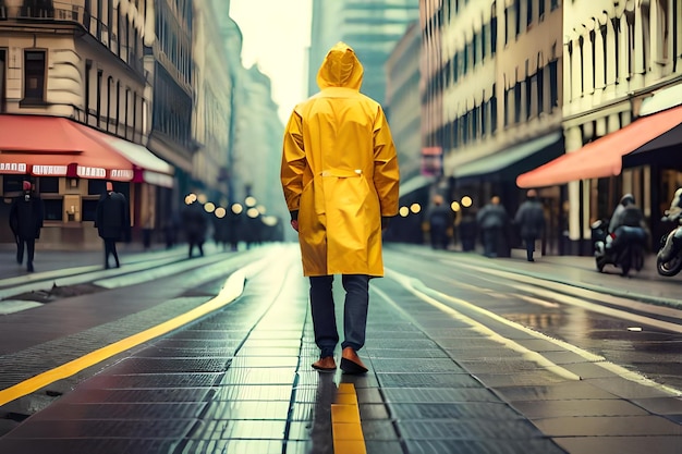 un hombre con un impermeable amarillo camina por una calle.