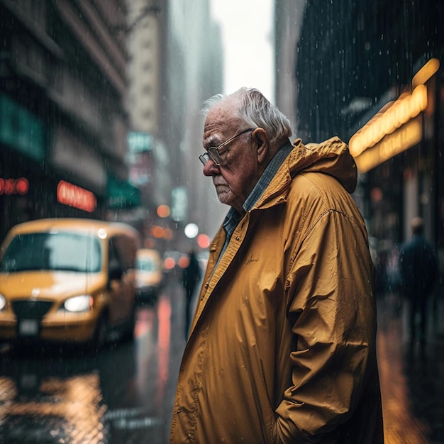 Un hombre con un impermeable amarillo está parado bajo la lluvia.