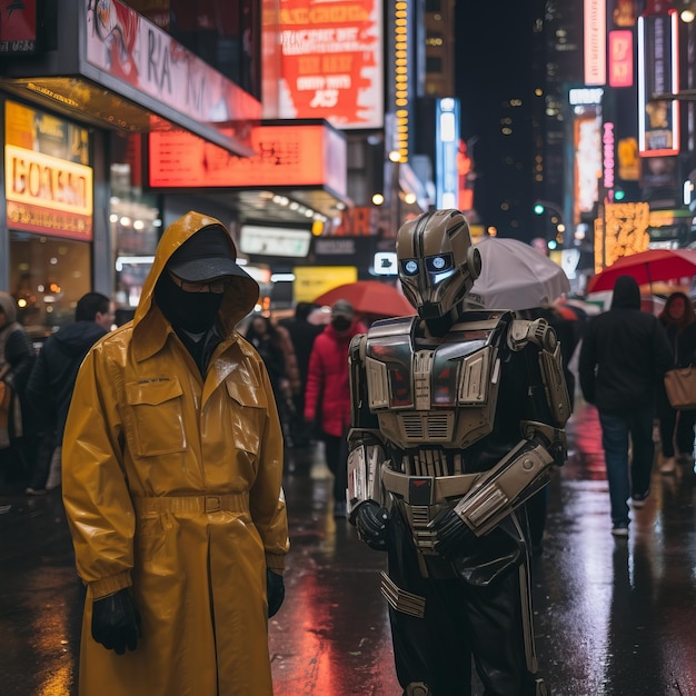 Foto un hombre con un impermeable amarillo parado junto a un hombre con un impermeable negro