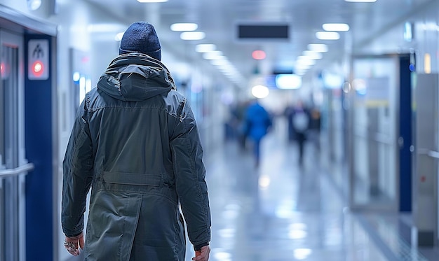 un hombre con un impermeable camina por un pasillo con un fondo borroso