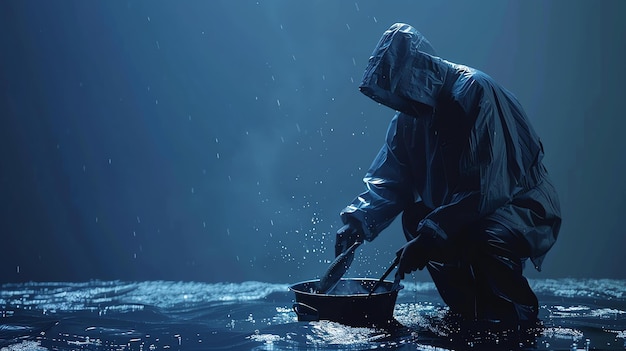 Foto un hombre con un impermeable está limpiando un pez sobre un cubo de metal. está agachado y concentrado en su tarea.
