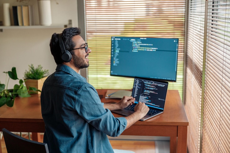 Foto hombre independiente haciendo un nuevo proyecto como diseñador web o programador en su computadora en la oficina de su casa