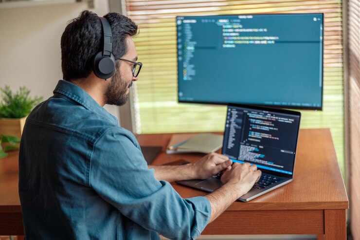 Foto hombre independiente haciendo un nuevo proyecto como diseñador web o programador en su computadora en la oficina de su casa