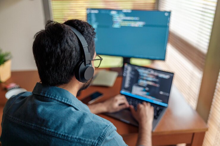 Foto hombre independiente haciendo un nuevo proyecto como diseñador web o programador en su computadora en la oficina de su casa