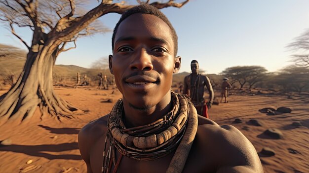 hombre indígena de África tomando una selfie