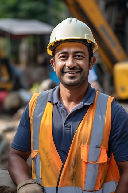 Foto un hombre indio alegre y guapo trabajando en el sitio de construcción