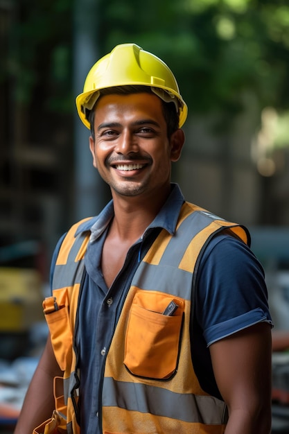 Un hombre indio alegre y guapo trabajando en el sitio de construcción