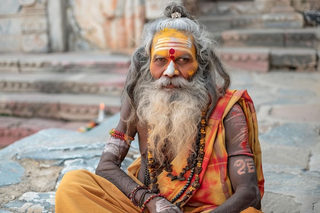 Hombre indio anciano con vestimenta tradicional y cara pintada