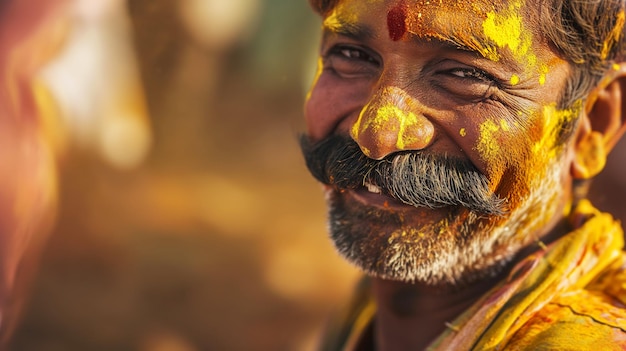 Hombre indio con bigote cubierto de polvo amarillo Holi sonriendo