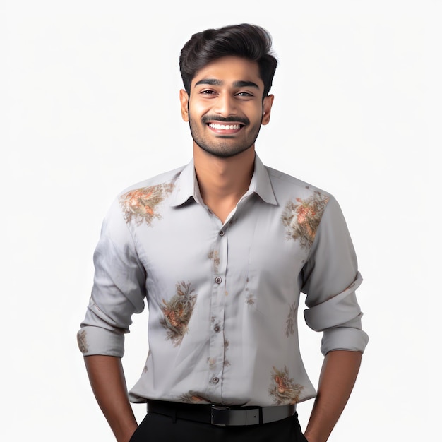 Un hombre indio de buen aspecto con una sonrisa sutil y fondo blanco con camisa formal de media manga