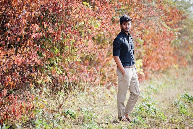 Hombre indio con camisa negra y pantalones beige posados en el campo contra hojas de otoño