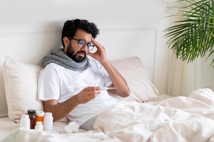 Foto hombre indio enfermo mirando el termómetro mientras está sentado en la cama en casa