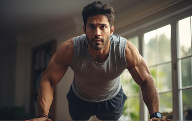 Hombre indio haciendo ejercicios abdominales en casa