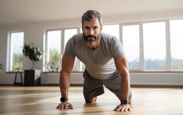 Hombre indio haciendo ejercicios abdominales en casa