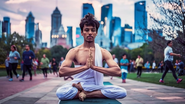 Hombre indio inspirado haciendo asanas de yoga en el parque de la ciudad joven ciudadano haciendo ejercicio afuera