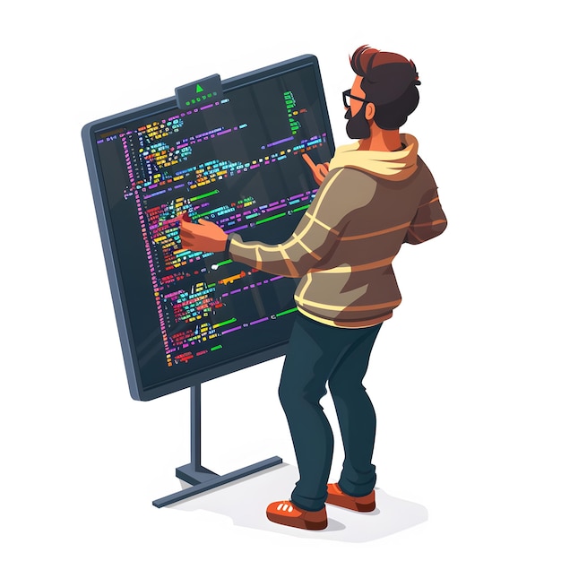 hombre indio programador de pie frente a una pantalla con el código proyectado presentación de la