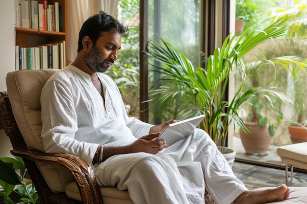 Hombre indio relajándose en casa está sentado en el sillón y conectándose con su tableta digital interior de diseño contemporáneo.