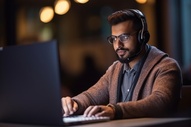 Hombre indio sentado y trabajando usando una computadora portátil Hermosa imagen de ilustración AI generativa