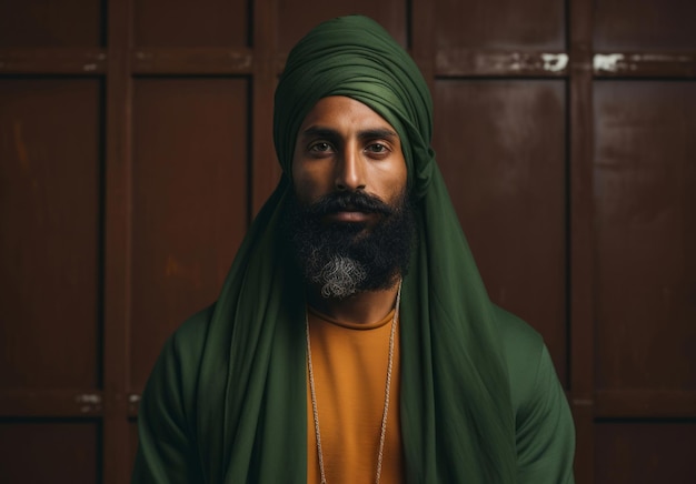 Hombre indio sij con turbante verde tradicional retrato de estudio concepto de religión