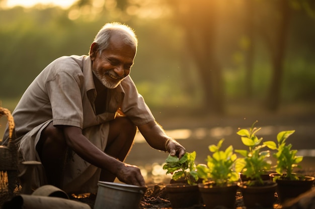 Hombre indio sonriente haciendo jardinería al amanecer