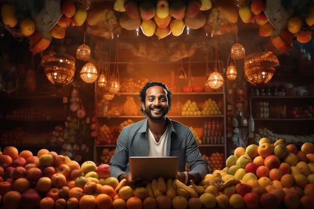 Hombre indio vendiendo frutas en el mercado local de frutas