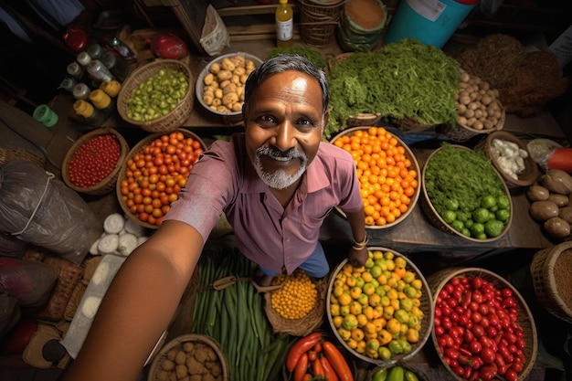 Foto hombre indio vendiendo verduras en su pequeño puesto en el mercado local de verduras