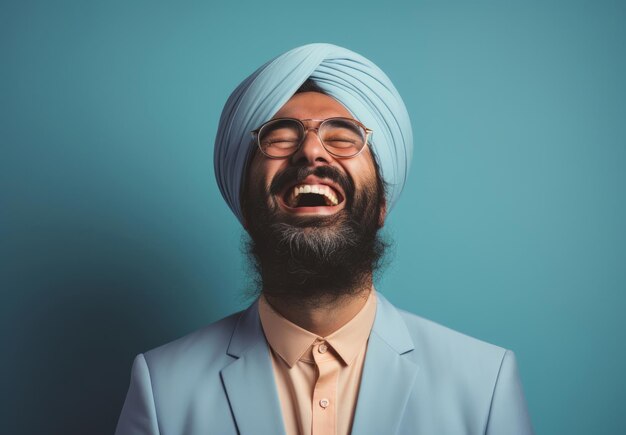 Hombre indio vestido con turbante y traje riendo feliz retrato de estudio concepto de religión