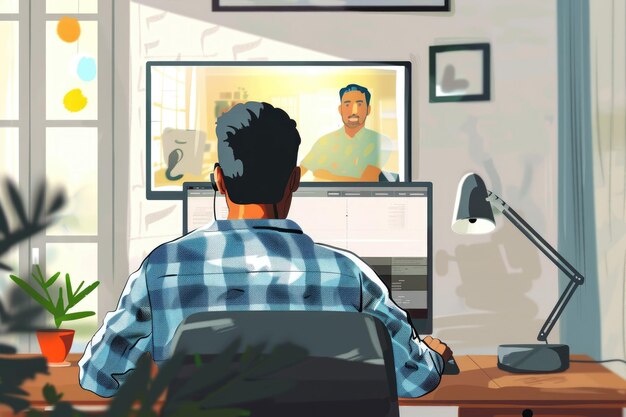 Hombre indio viendo un seminario web en casa Hombre occidental aprendiendo en línea