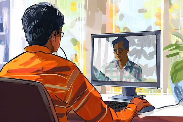 Hombre indio viendo un seminario web en casa Hombre occidental aprendiendo en línea