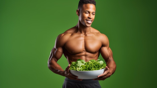 Hombre inflado con un plato de ensalada sobre un fondo verde