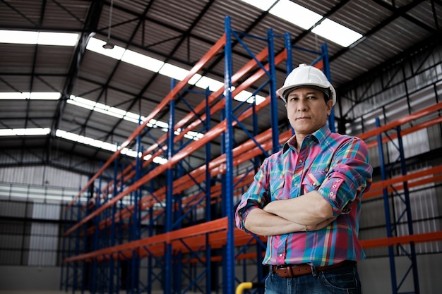 Foto hombre ingeniero asiático trabajando en la construcción de fábrica