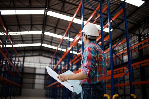 Hombre ingeniero asiático trabajando en la construcción de fábrica