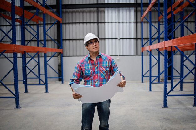 Hombre ingeniero asiático trabajando en la construcción de fábrica