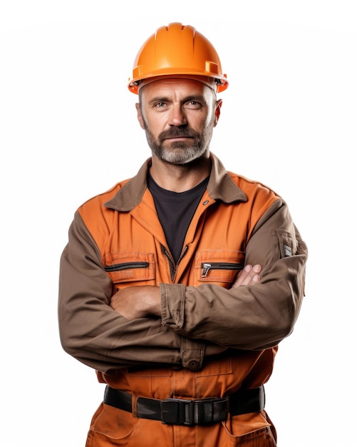 Hombre ingeniero con los brazos cruzados usando casco de chaleco protector naranja en fondo blanco aislado