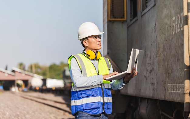 Hombre ingeniero en chalecos y cascos con laptop en un depósito ferroviario