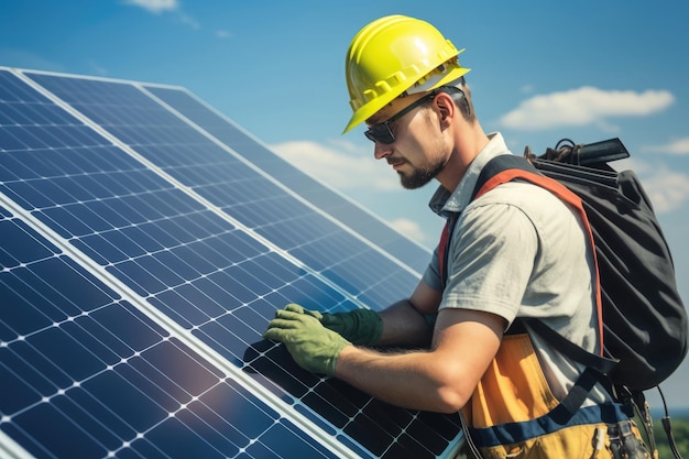 Hombre ingeniero generado por IA que trabaja con paneles solares, turbinas de energía eólica contra el fondo del cielo azul