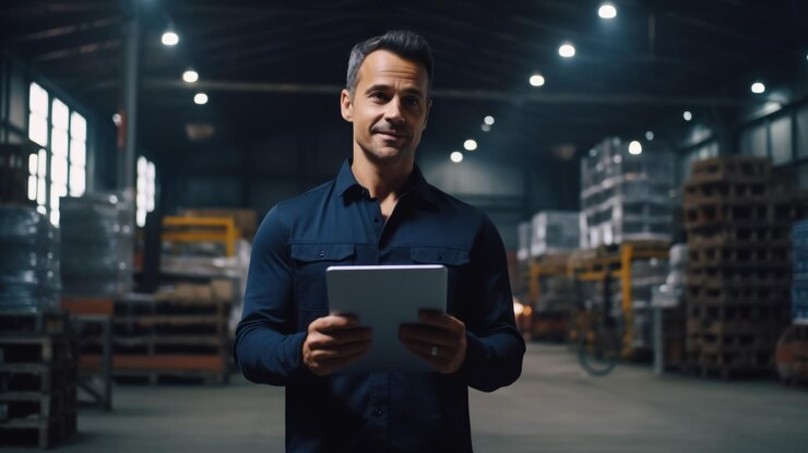 Hombre ingeniero guapo o trabajador de fábrica sosteniendo una computadora portátil y pensando en algo para el trabajo