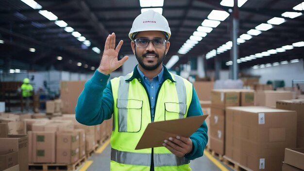 Foto hombre ingeniero indio inteligente que usa casco de seguridad haciendo comprobación de la fijación de existencias y producto de papel de cartón