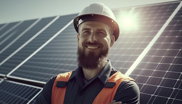 Hombre ingeniero con una sonrisa comprobando el funcionamiento del sol y la limpieza de los paneles solares fotovoltaicos AI Generativo