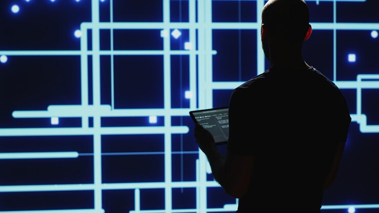 Foto hombre ingeniero verificando big data ai cerebro utilizado para aprendizaje profundo y aprendizaje automático, desarrollo de inteligencia artificial. investigación moderna de seguridad cibernética en tableta, ingeniería de sistemas. disparo portátil.