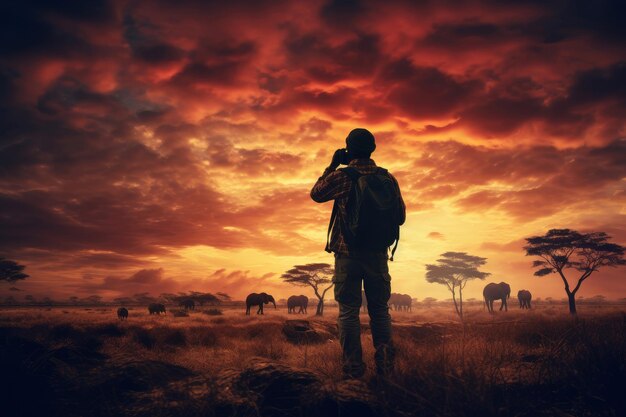 Foto el hombre ingenioso del safari, el fotógrafo, los elefantes, generan ai.