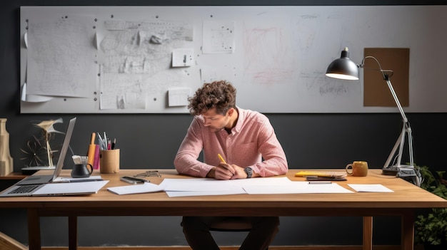 Hombre inmerso en la escritura de escritorio