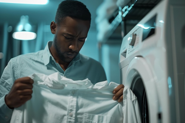 Hombre inspeccionando la frescura de la ropa tarea doméstica centrada