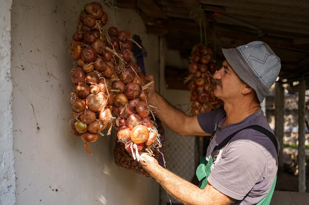 Hombre inspeccionando Largos racimos de cebollas suspendidas del techo Productos agrícolas agricultura cultivo de verduras orgánicas cosecha almacenamiento Primer enfoque selectivo