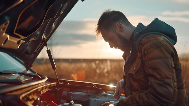 Hombre inspeccionando el motor de un automóvil en la carretera al atardecer Fiabilidad de los vehículos modernos Emoción cruda en situaciones cotidianas IA