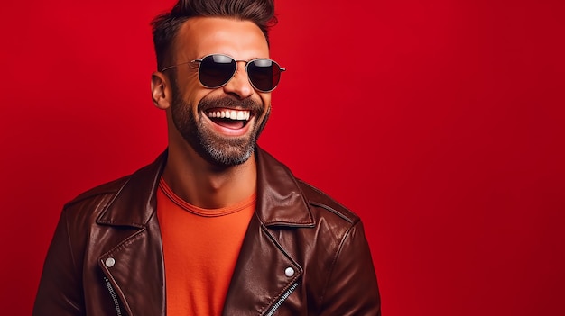 hombre inspirado sonrisa usar gafas de sol chaqueta de cuero aislado en fondo rojo