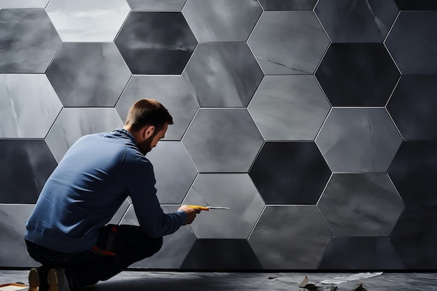 Hombre Instalando Azulejos De Textura De Mármol Hexágono Generativa Ai