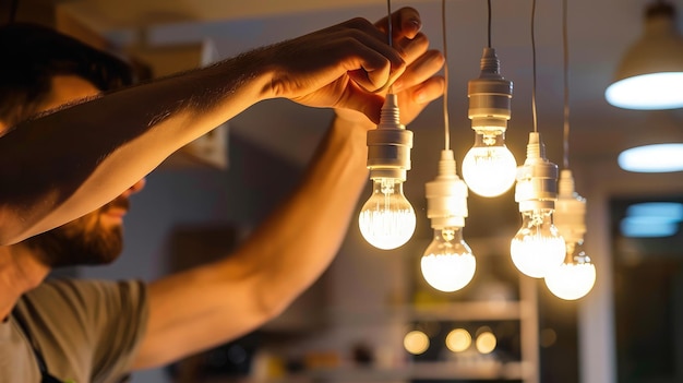 hombre instalando bombillas LED energéticamente eficientes en un hogar reduciendo el consumo de energía y los costos de servicios públicos