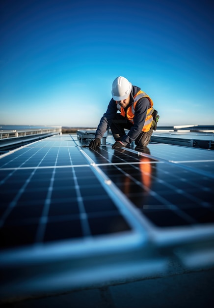 Foto hombre instalando paneles solares en el techo